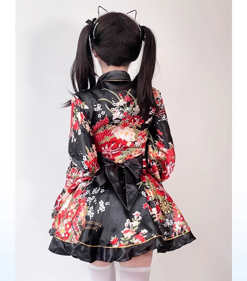 Costume Japanese Satin Kimono Style Mini Dress with Floral Print