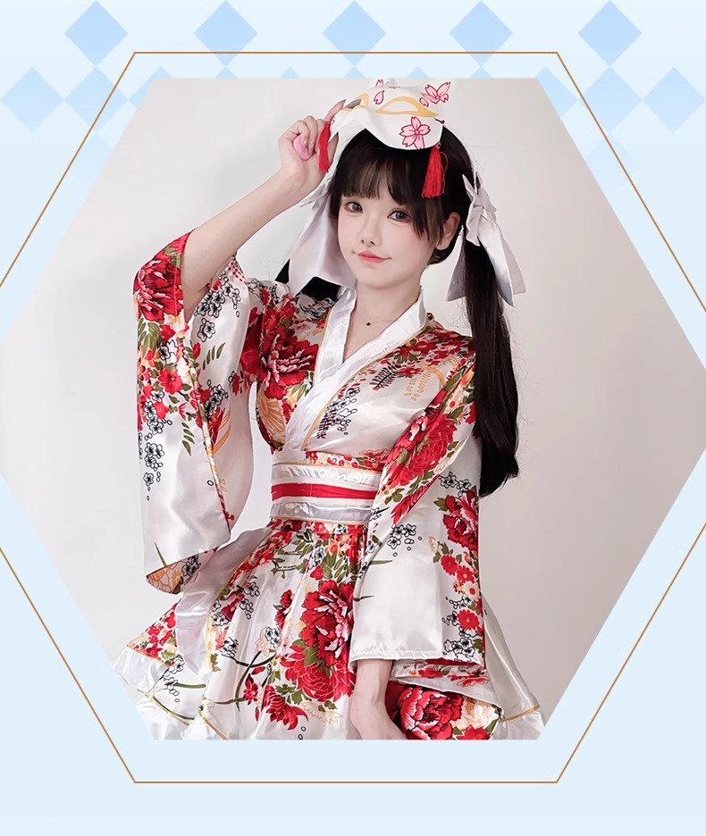 Costume Japanese Satin Kimono Style Mini Dress with Floral Print