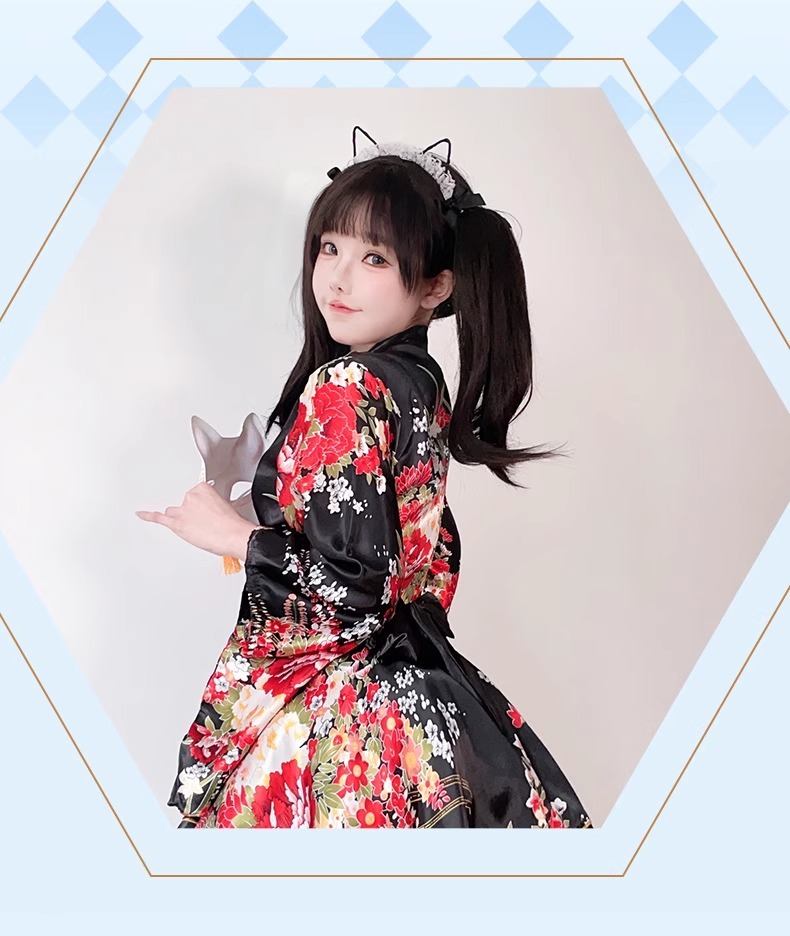Costume Japanese Satin Kimono Style Mini Dress with Floral Print