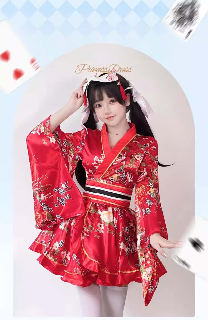 Costume Japanese Satin Kimono Style Mini Dress with Floral Print