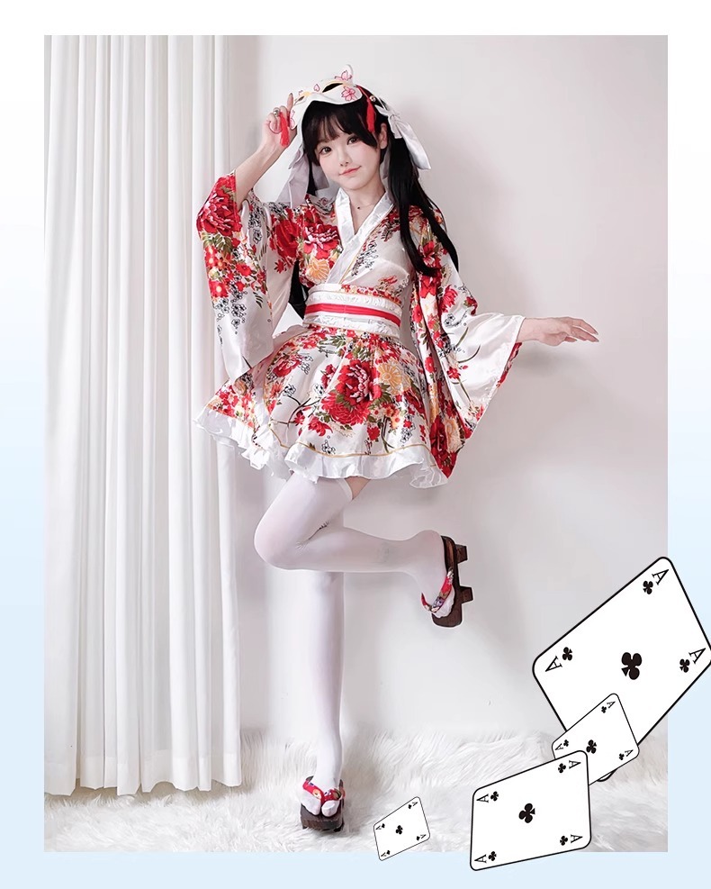 Costume Japanese Satin Kimono Style Mini Dress with Floral Print