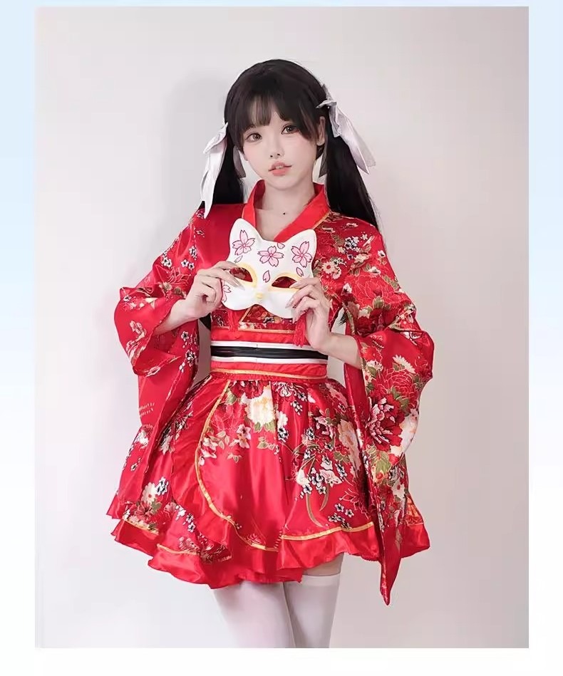 Costume Japanese Satin Kimono Style Mini Dress with Floral Print