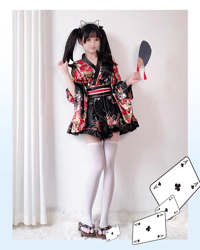Costume Japanese Satin Kimono Style Mini Dress with Floral Print