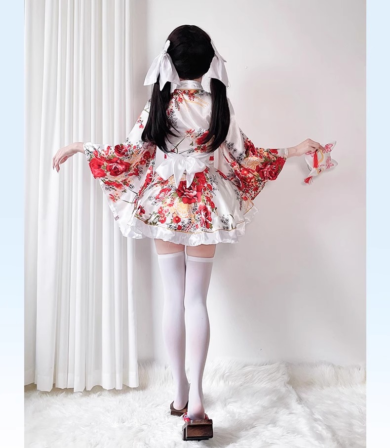 Costume Japanese Satin Kimono Style Mini Dress with Floral Print