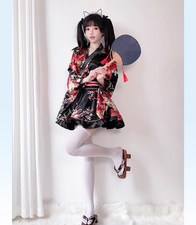 Costume Japanese Satin Kimono Style Mini Dress with Floral Print