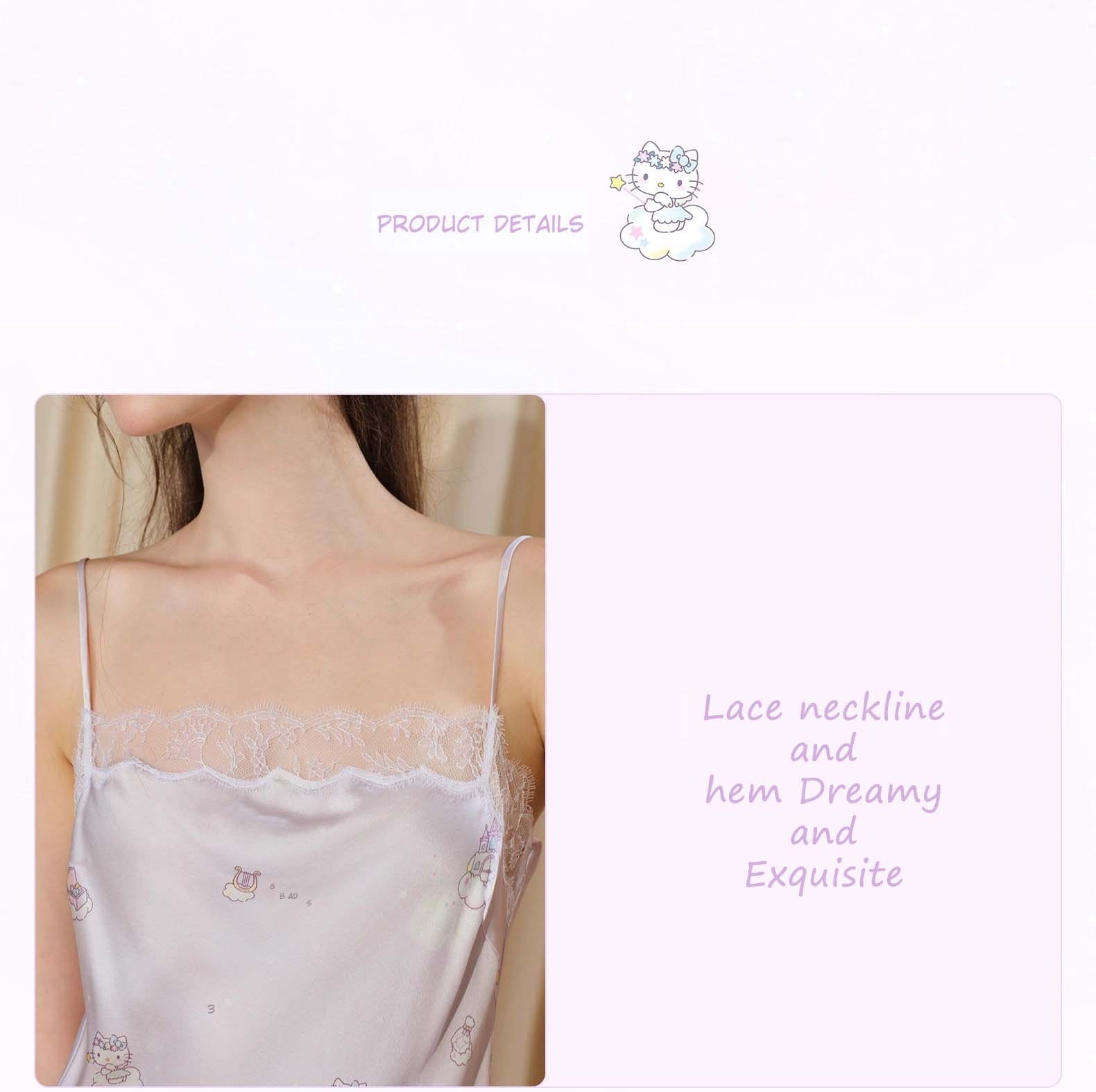 Silk Camisole Nightgown, a collaboration with Hello Kitty, featuring 100% mulberry silk 22 Momme lace and a sexy design By Silky Miracle X Hello Kitty
