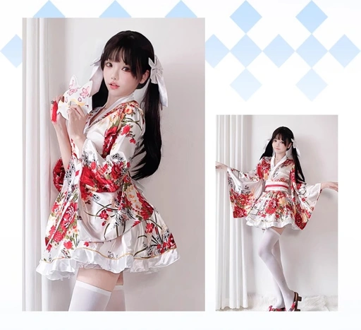 Image of Costume Japanese Satin Kimono Style Mini Dress with Floral Print
