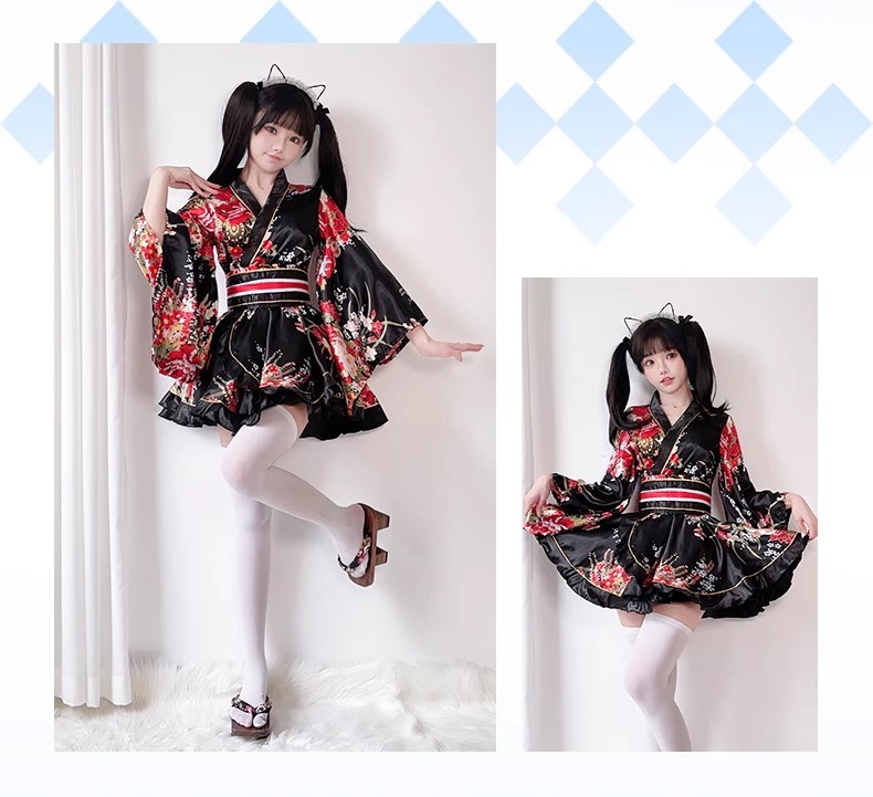 Costume Japanese Satin Kimono Style Mini Dress with Floral Print
