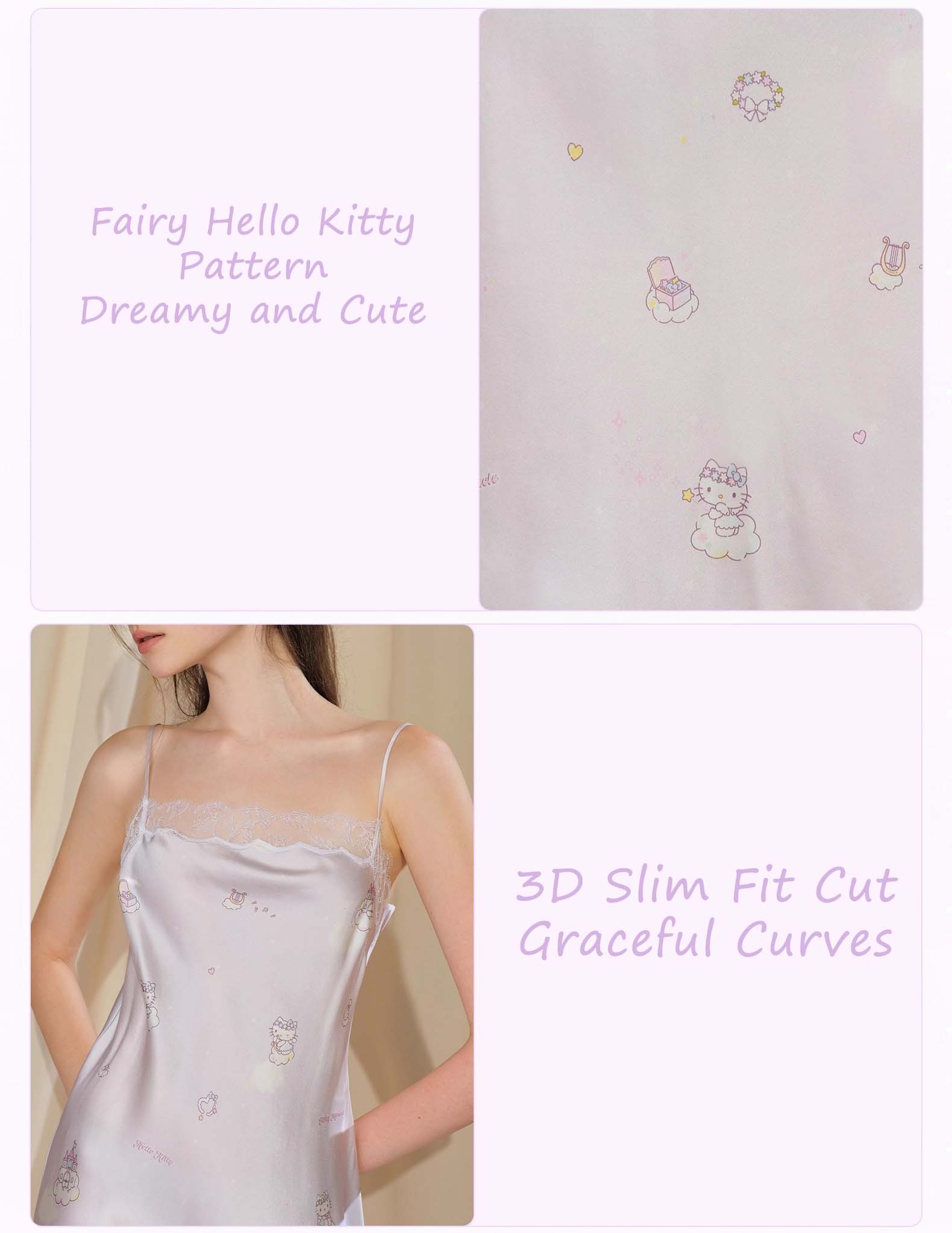Silk Camisole Nightgown, a collaboration with Hello Kitty, featuring 100% mulberry silk 22 Momme lace and a sexy design By Silky Miracle X Hello Kitty