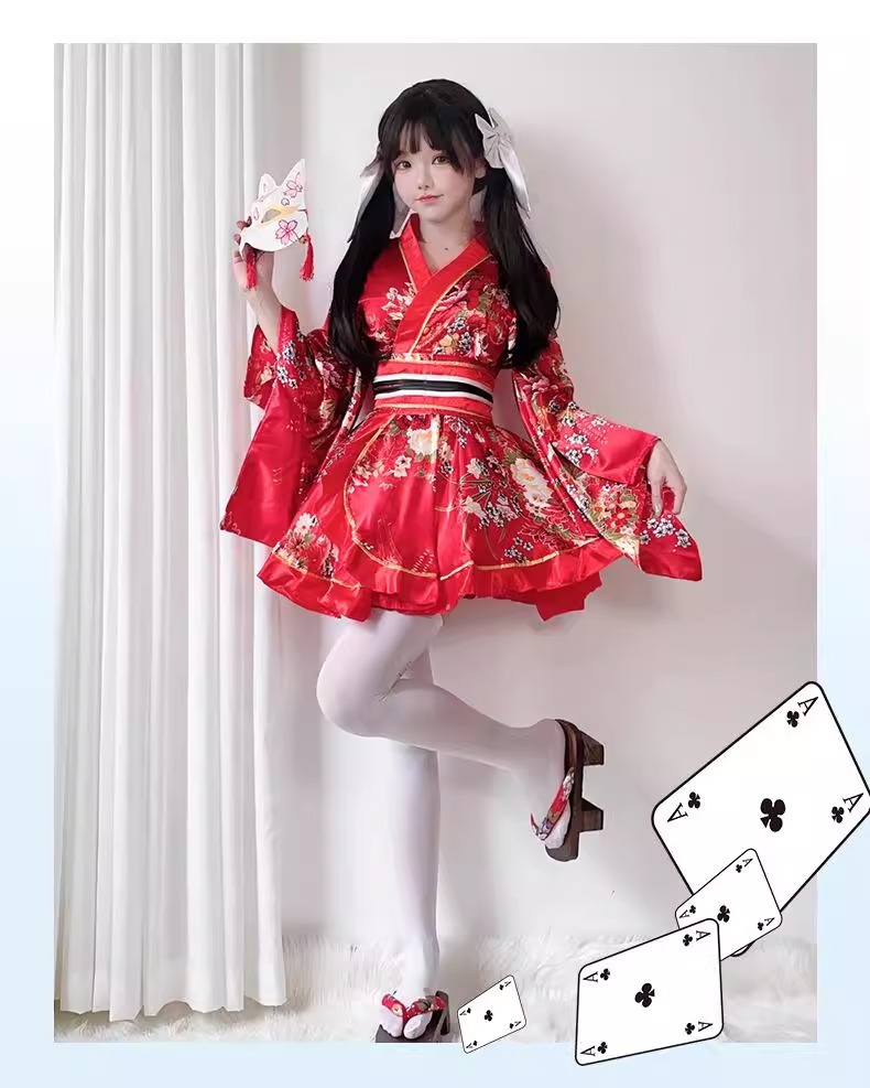 Costume Japanese Satin Kimono Style Mini Dress with Floral Print