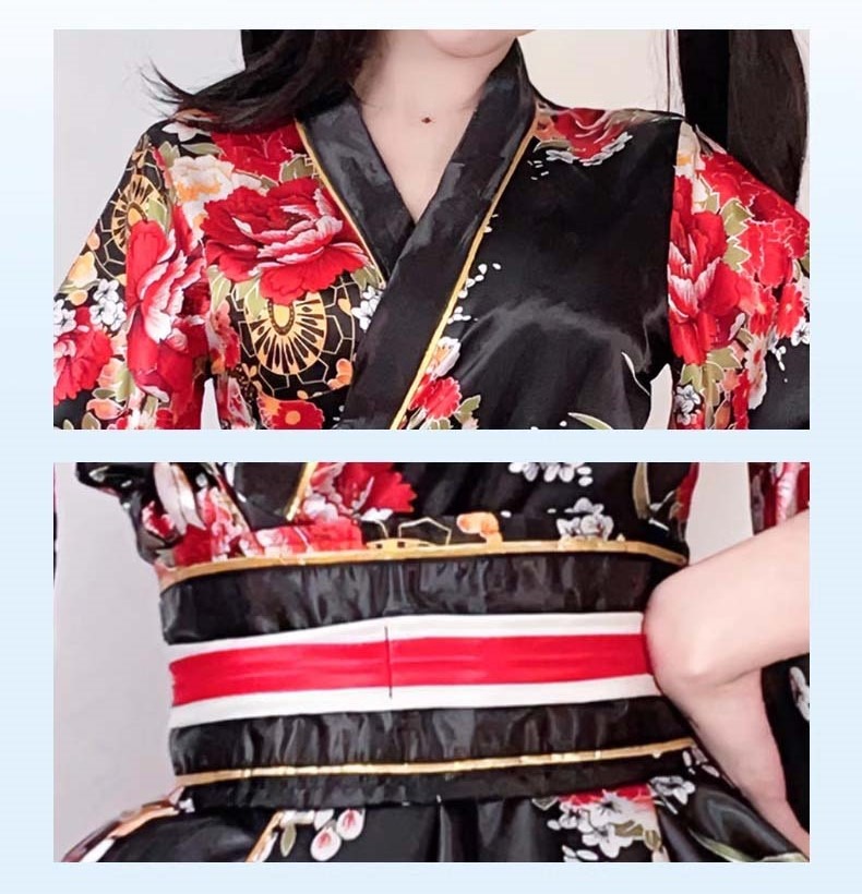 Costume Japanese Satin Kimono Style Mini Dress with Floral Print