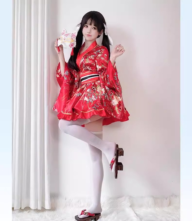 Costume Japanese Satin Kimono Style Mini Dress with Floral Print