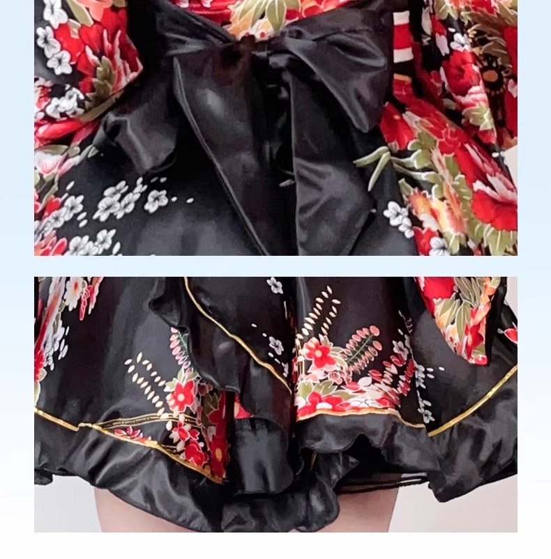 Costume Japanese Satin Kimono Style Mini Dress with Floral Print