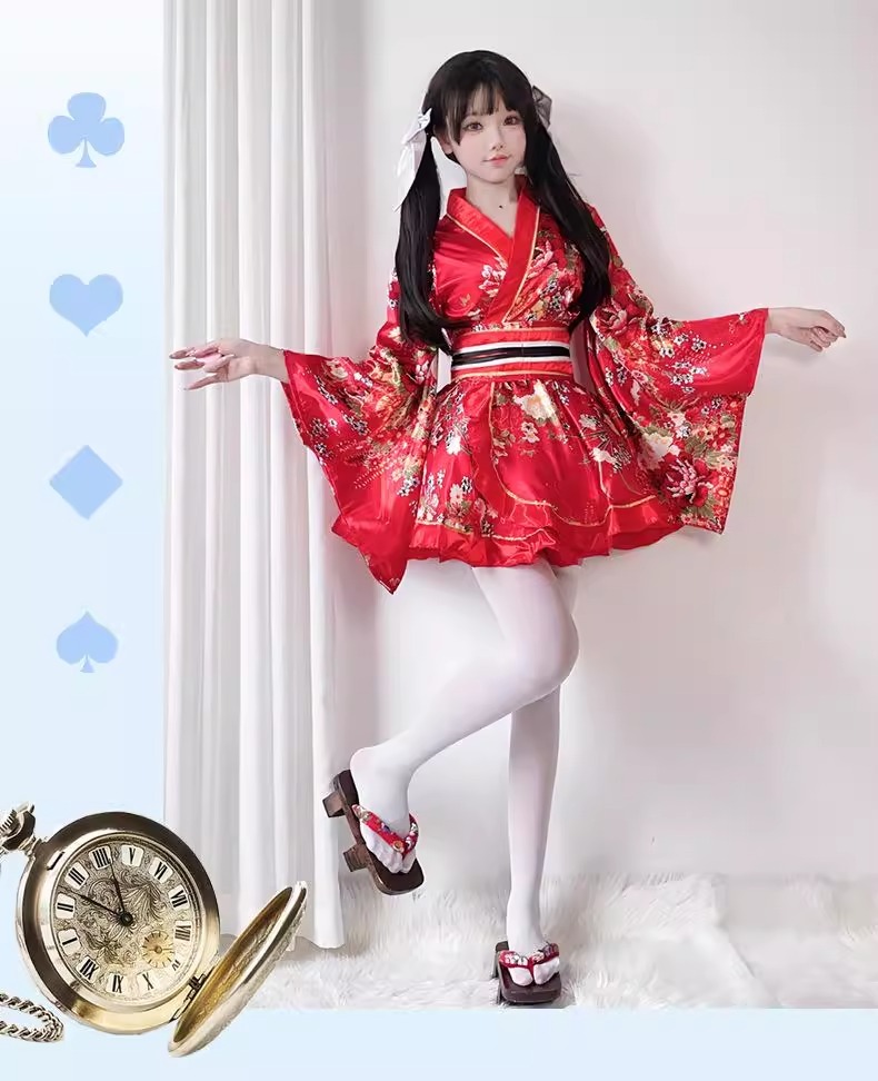 Costume Japanese Satin Kimono Style Mini Dress with Floral Print