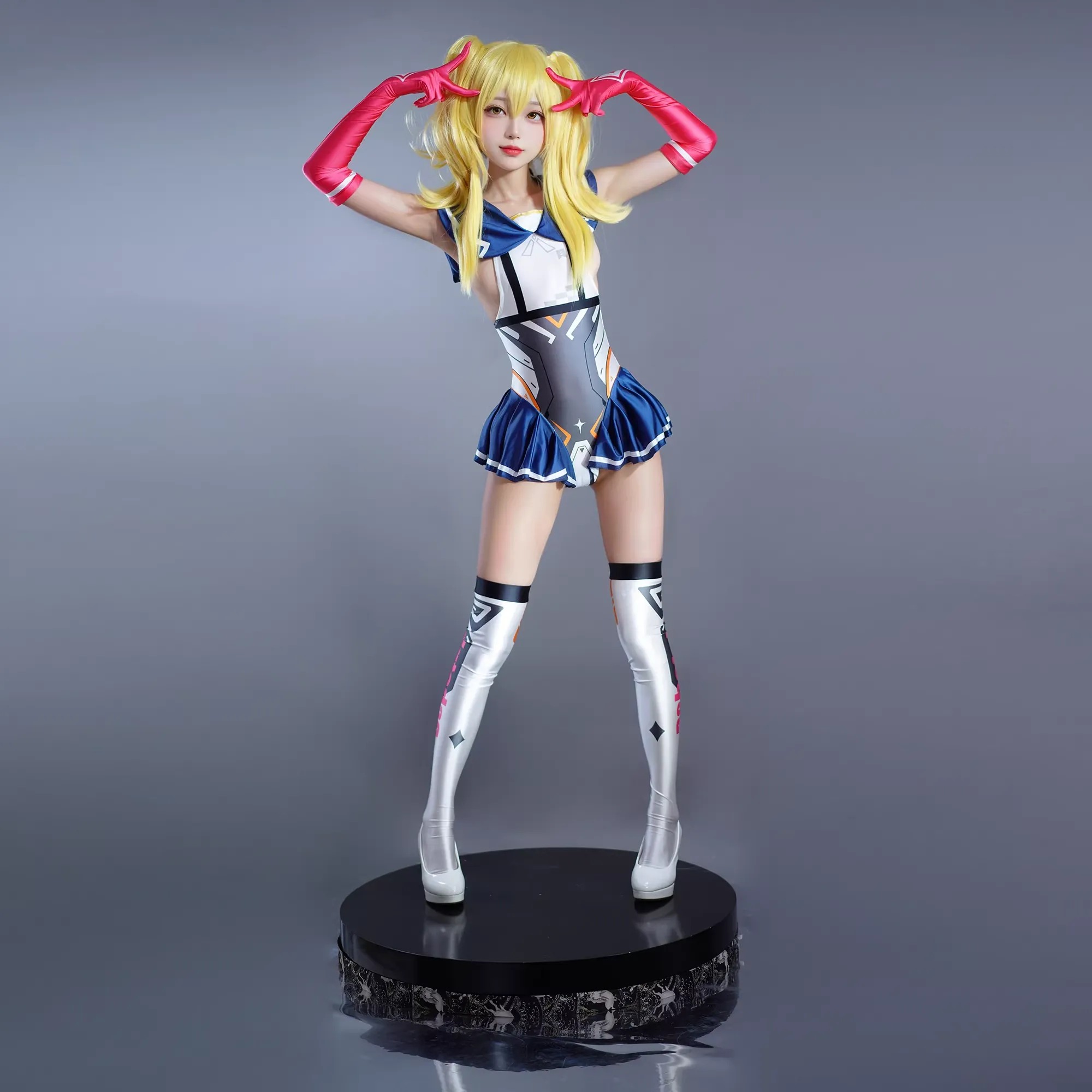 Sexy Cosplay Sailor Moon Robot Style Three-Piece Silk Satin Glossy Bodysuit with gloves and stockings