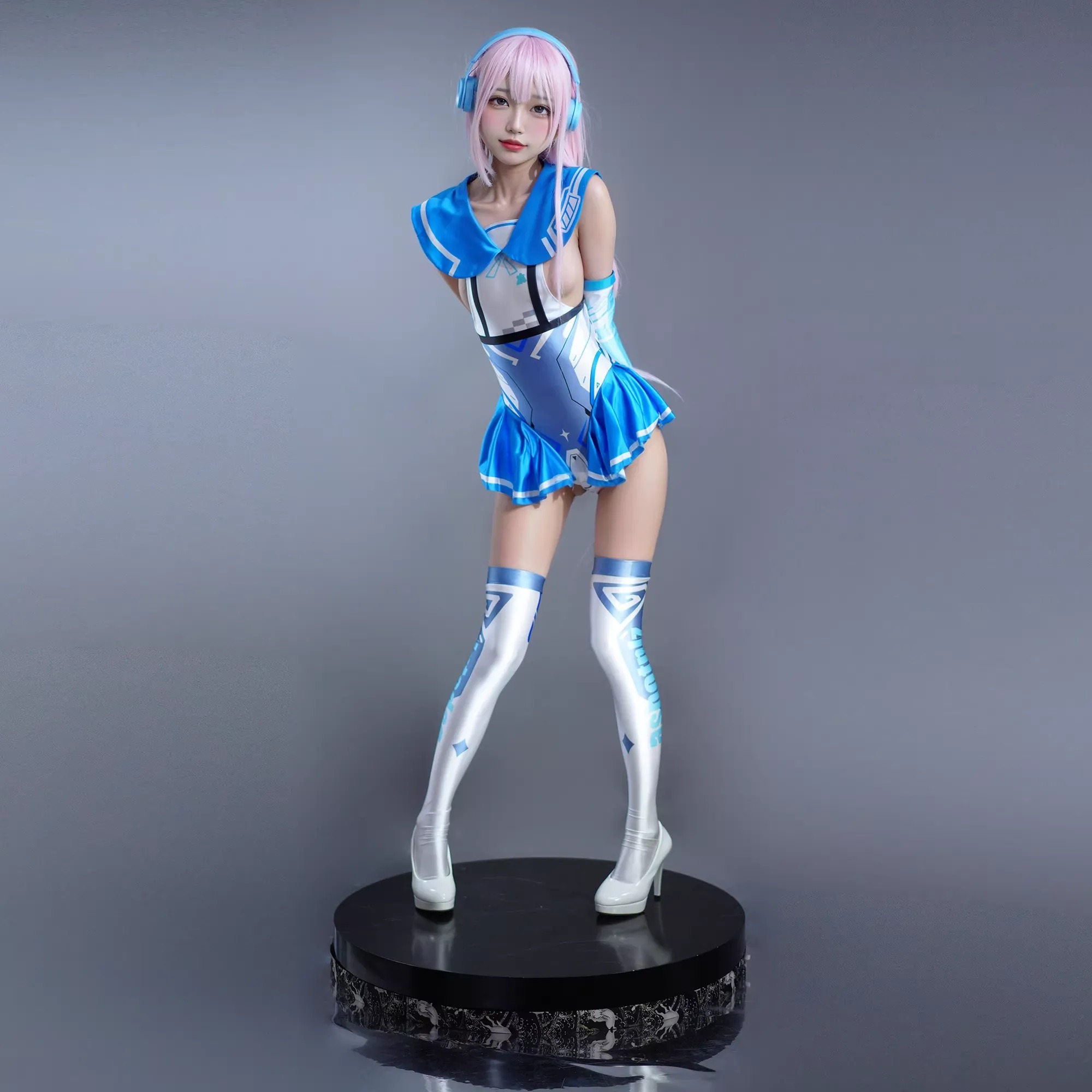 Sexy Cosplay Sailor Moon Robot Style Three-Piece Silk Satin Glossy Bodysuit with gloves and stockings
