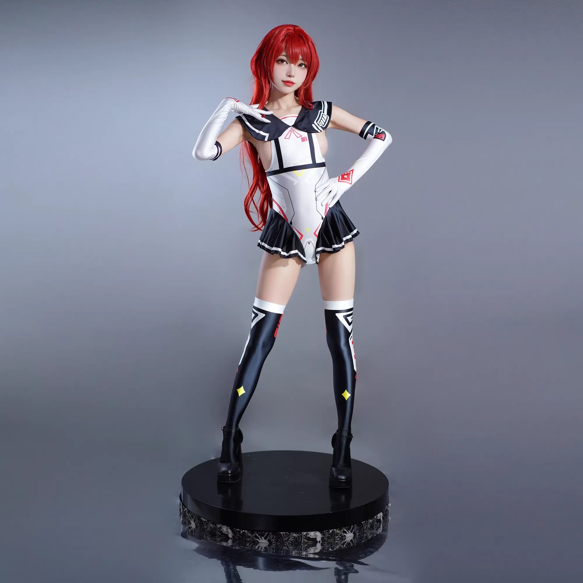 Sexy Cosplay Sailor Moon Robot Style Three-Piece Silk Satin Glossy Bodysuit with gloves and stockings