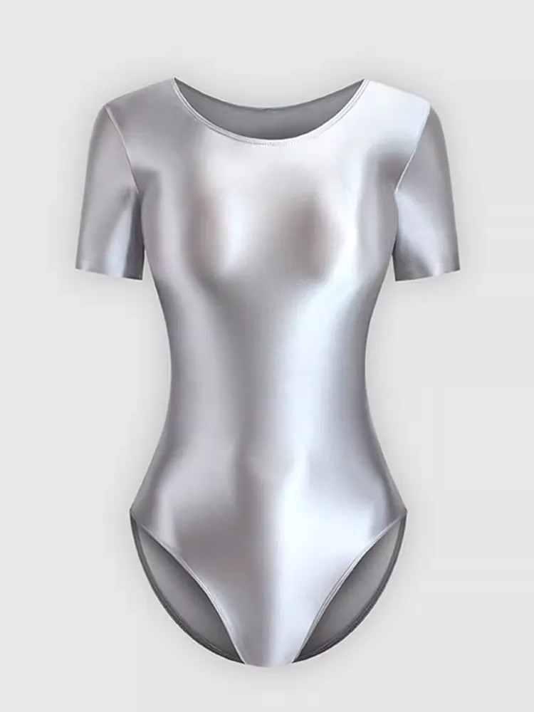 Bodysuit Wanita Lengan Pendek Bahan Premium Glossy Satin Look Mengkilap Baju Senam / Yoga / Ballet (Tersedia 15 Warna)