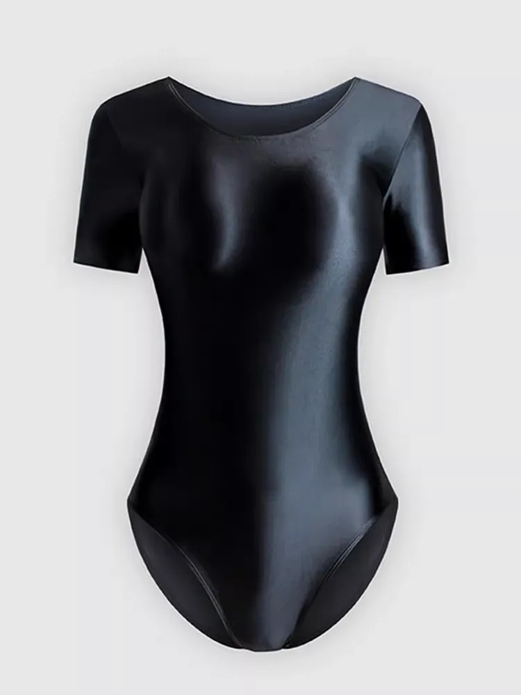 Bodysuit Wanita Lengan Pendek Bahan Premium Glossy Satin Look Mengkilap Baju Senam / Yoga / Ballet (Tersedia 15 Warna)