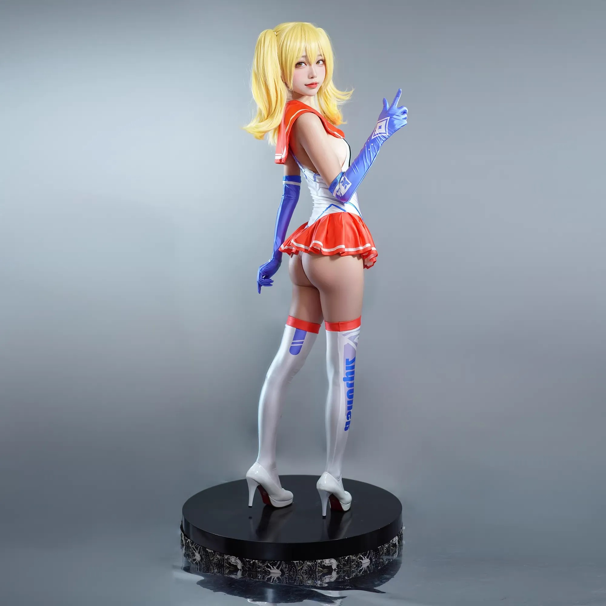 Sexy Cosplay Sailor Moon Robot Style Three-Piece Silk Satin Glossy Bodysuit with gloves and stockings