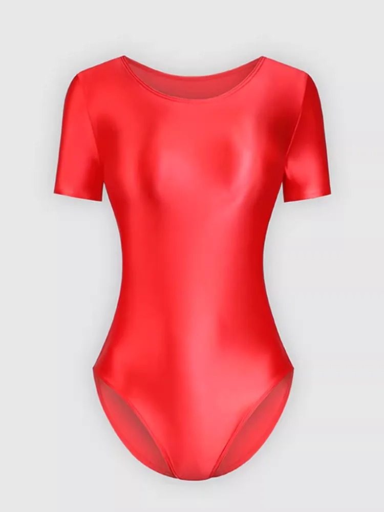 Bodysuit Wanita Lengan Pendek Bahan Premium Glossy Satin Look Mengkilap Baju Senam / Yoga / Ballet (Tersedia 15 Warna)
