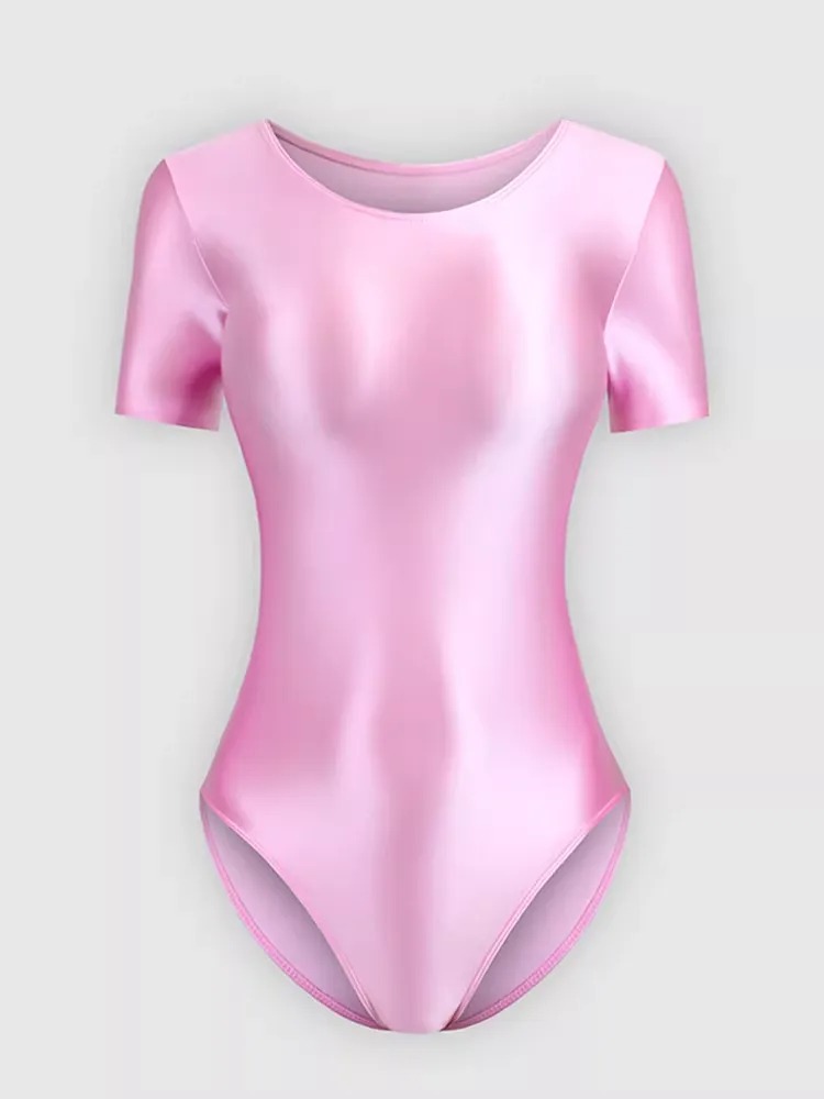 Bodysuit Wanita Lengan Pendek Bahan Premium Glossy Satin Look Mengkilap Baju Senam / Yoga / Ballet (Tersedia 15 Warna)