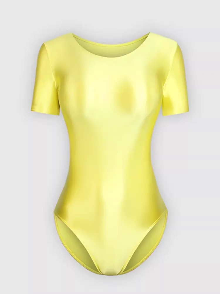 Bodysuit Wanita Lengan Pendek Bahan Premium Glossy Satin Look Mengkilap Baju Senam / Yoga / Ballet (Tersedia 15 Warna)