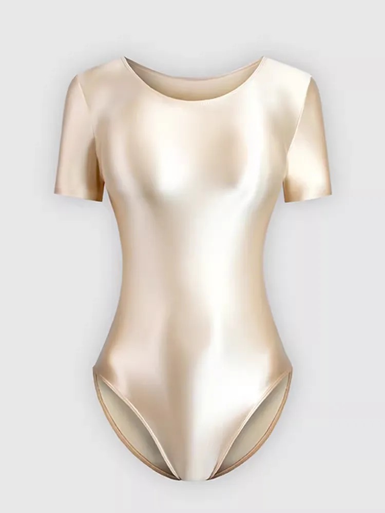 Bodysuit Wanita Lengan Pendek Bahan Premium Glossy Satin Look Mengkilap Baju Senam / Yoga / Ballet (Tersedia 15 Warna)