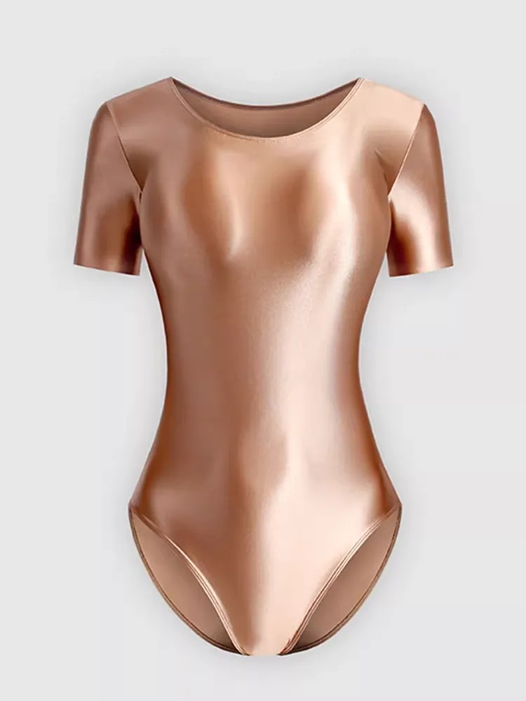 Bodysuit Wanita Lengan Pendek Bahan Premium Glossy Satin Look Mengkilap Baju Senam / Yoga / Ballet (Tersedia 15 Warna)