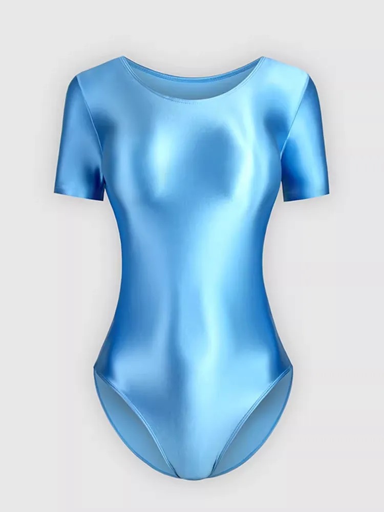 Bodysuit Wanita Lengan Pendek Bahan Premium Glossy Satin Look Mengkilap Baju Senam / Yoga / Ballet (Tersedia 15 Warna)