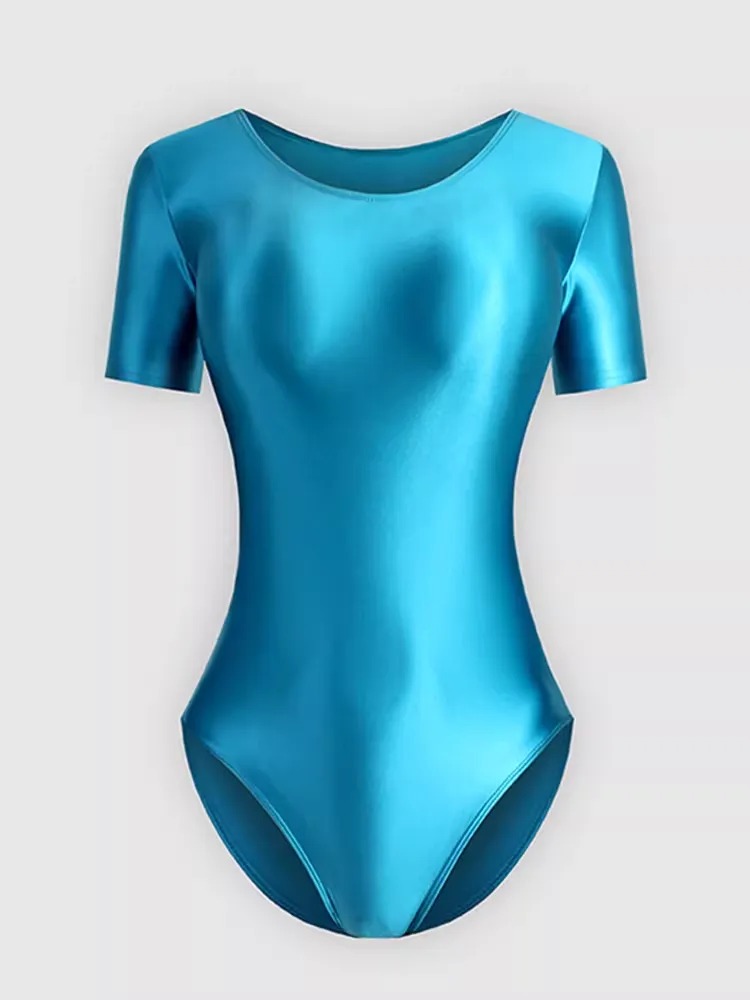 Bodysuit Wanita Lengan Pendek Bahan Premium Glossy Satin Look Mengkilap Baju Senam / Yoga / Ballet (Tersedia 15 Warna)