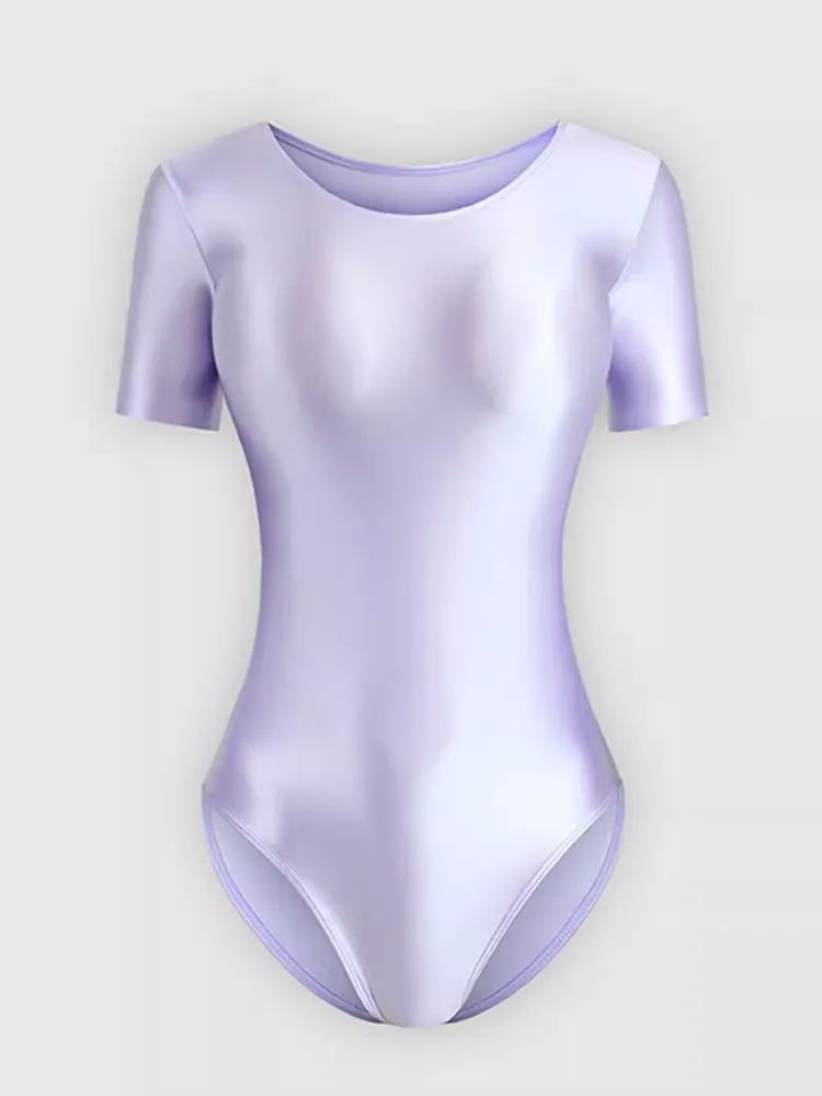 Bodysuit Wanita Lengan Pendek Bahan Premium Glossy Satin Look Mengkilap Baju Senam / Yoga / Ballet (Tersedia 15 Warna)