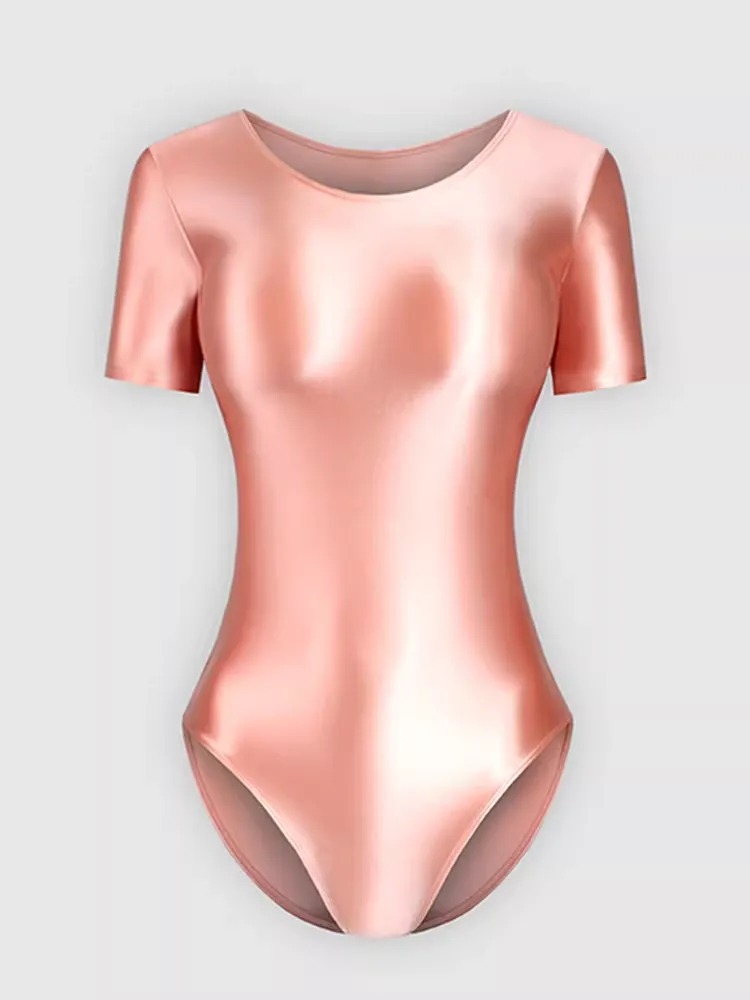 Bodysuit Wanita Lengan Pendek Bahan Premium Glossy Satin Look Mengkilap Baju Senam / Yoga / Ballet (Tersedia 15 Warna)