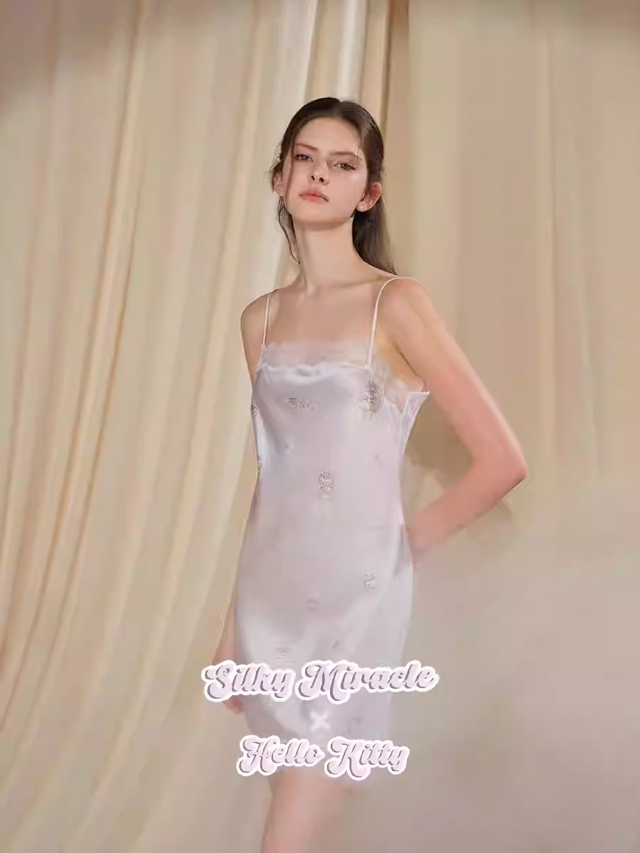 Silk Camisole Nightgown, a collaboration with Hello Kitty, featuring 100% mulberry silk 22 Momme lace and a sexy design By Silky Miracle X Hello Kitty