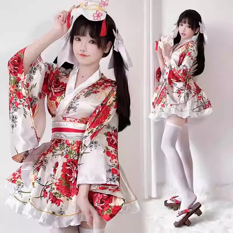 Costume Japanese Satin Kimono Style Mini Dress with Floral Print