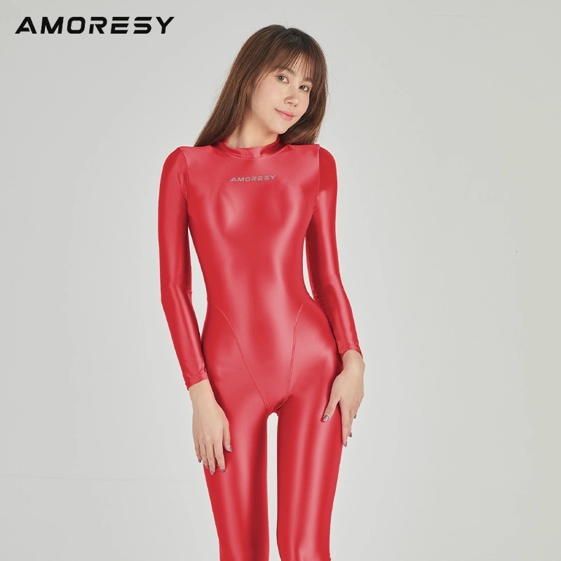 Jumpsuit Wanita Bodysuit Glossy Kilat Elastis untuk Senam Yoga, Renang / Cosplay By AMORESY