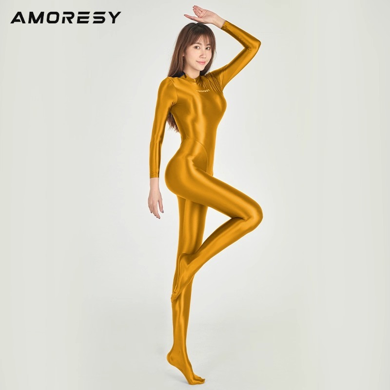 Jumpsuit Wanita Bodysuit Glossy Kilat Elastis untuk Senam Yoga, Renang / Cosplay By AMORESY