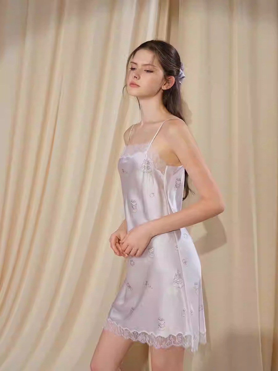 Silk Camisole Nightgown, a collaboration with Hello Kitty, featuring 100% mulberry silk 22 Momme lace and a sexy design By Silky Miracle X Hello Kitty