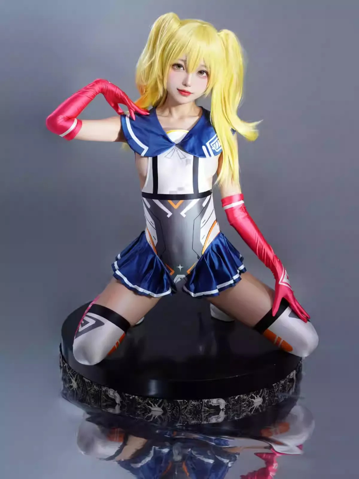 Sexy Cosplay Sailor Moon Robot Style Three-Piece Silk Satin Glossy Bodysuit with gloves and stockings