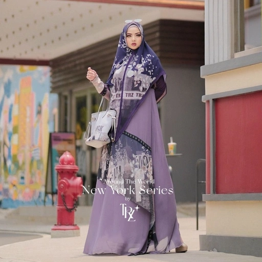 Image of Gamis Syar'i New York Around The World TRZ/Gamis Branded Premium/Fashion Muslimah/Gamis Ceruty Printing
