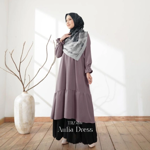 Image of Midi Dress Rose Purple TRZ/Midi Dress Ruffle Korea/ Atasan Dress Wanita/ Midi Dress Rayon Polos/ Midi Dress Kerah