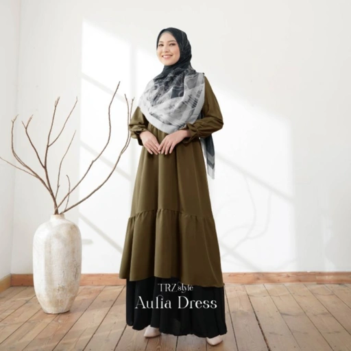 Image of Midi Dress Olive TRZ/Midi Dress Ruffle Korea/ Atasan Dress Wanita/ Midi Dress Rayon Polos/ Midi Dress Kerah