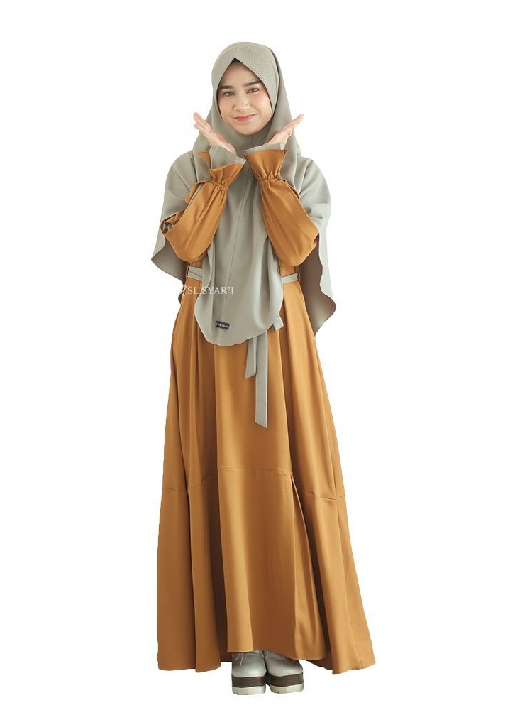 SL SYAR'I - Elena Series  Gamis Polos Lengan Lonceng Kerut Kombinasi (Dress Only & SET)