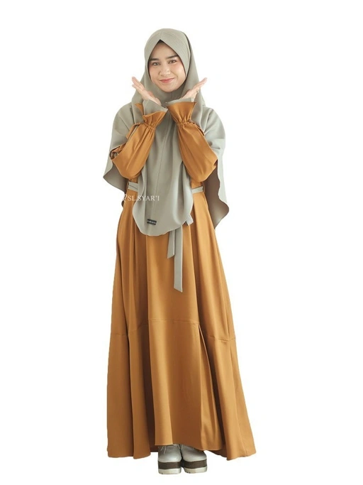 Image of SL SYAR'I - Elena Series  Gamis Polos Lengan Lonceng Kerut Kombinasi (Dress Only & SET)