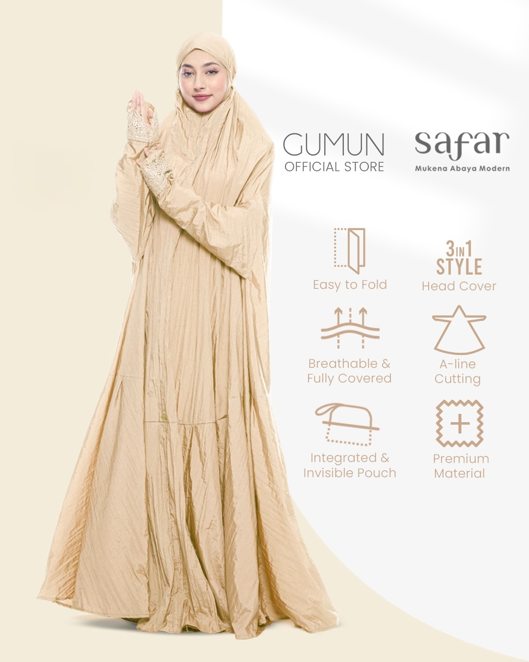Mukena Safar by Gumun, Mukena Travel, Mukena Abaya Modern, Mukena Terusan, Mukena Parasut, Mukena Parasut Premium