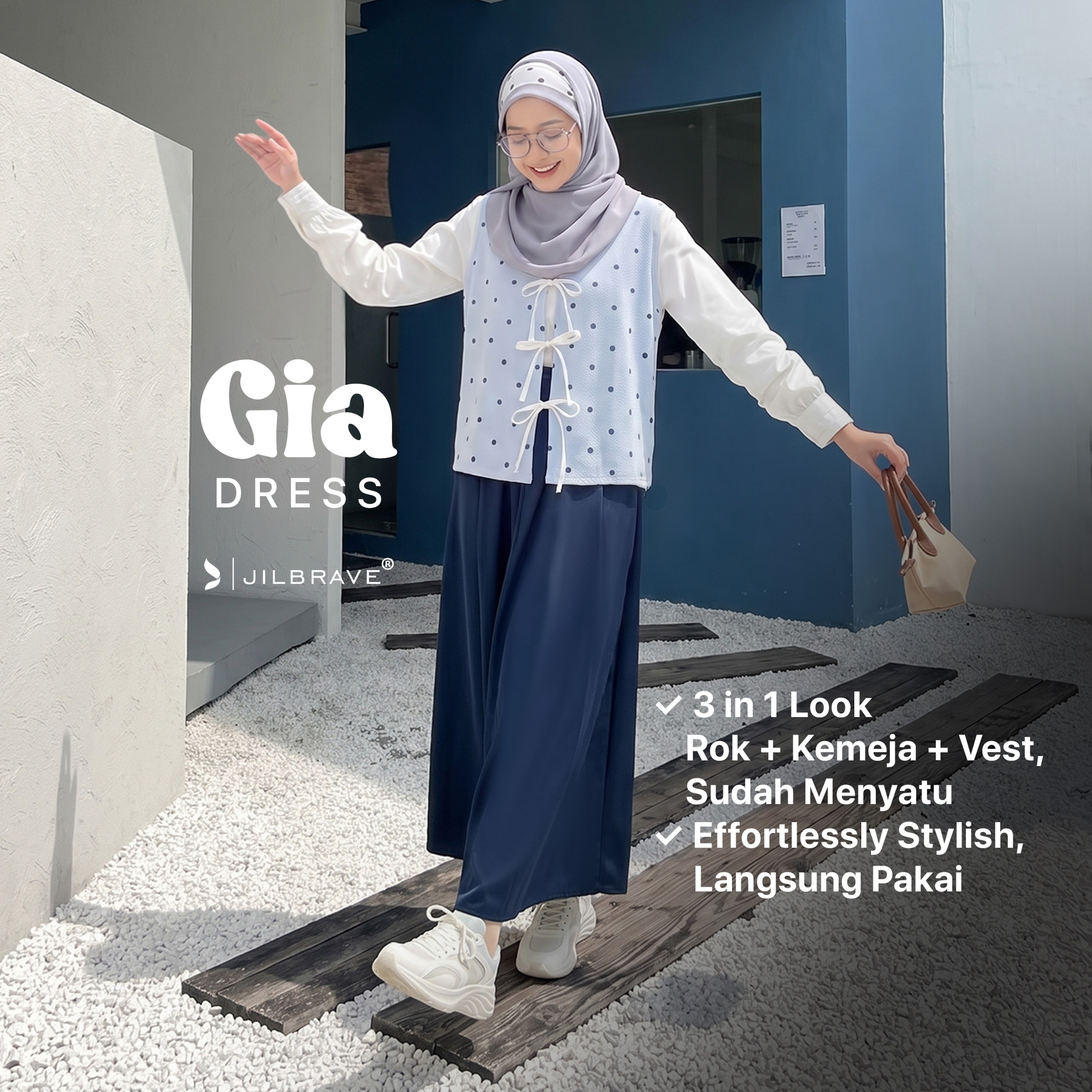 JILBRAVE Gia Dress - Gamis 3in1 Motif Polkadot Vest Menyatu