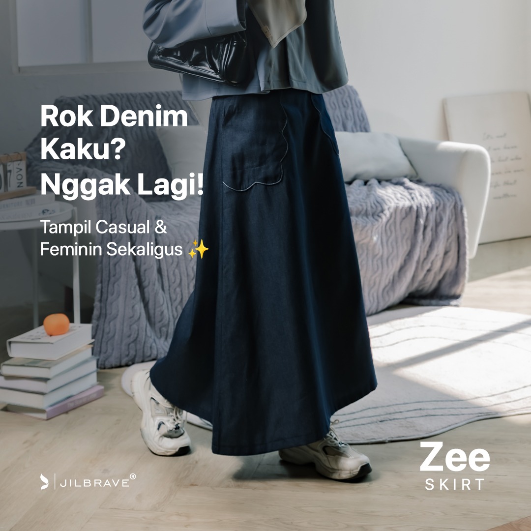 JILBRAVE Zee Denim Skirt Rok A Line Wavy Pocket Soft Jeans Modest Casual Hijab