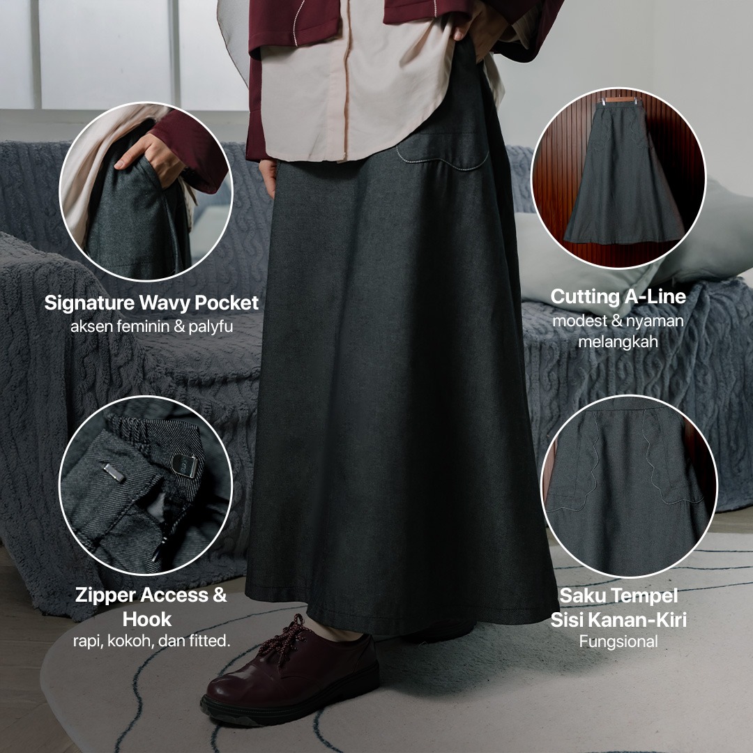 JILBRAVE Zee Denim Skirt Rok A Line Wavy Pocket Soft Jeans Modest Casual Hijab