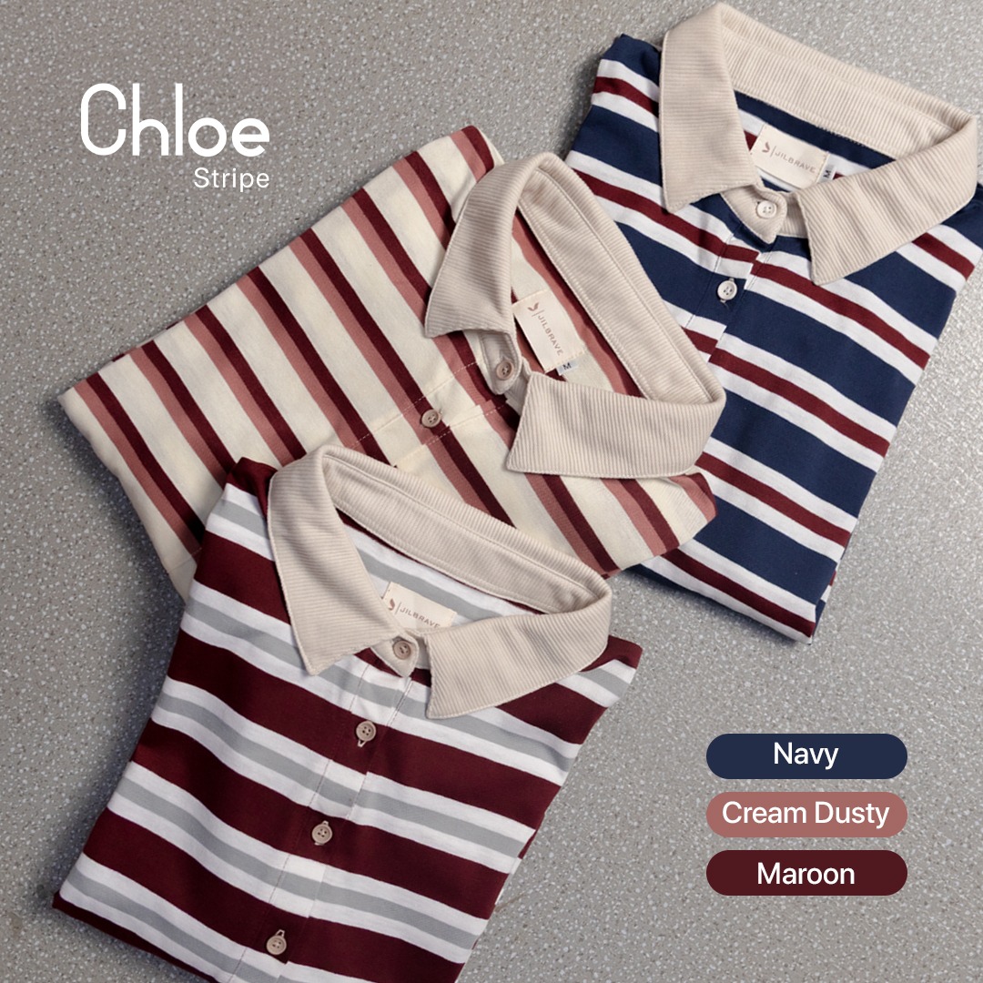 JILBRAVE Chloe Stripe Shirt Atasan Wanita Kaos Lengan Panjang Berkerah Casual Korean Style