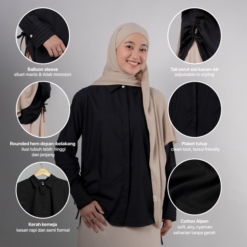 JILBRAVE Camelia Blouse Kemeja Wanita Polos Cotton Lengan Balon Modest Semi Formal Kerja Kuliah
